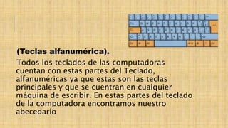 (Teclas alfanumérica).
Todos los teclados de las computadoras
cuentan con estas partes del Teclado,
alfanuméricas ya que estas son las teclas
principales y que se cuentran en cualquier
máquina de escribir. En estas partes del teclado
de la computadora encontramos nuestro
abecedario
 