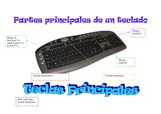 Bloque de 
funciones. Va 
desde la tecla F1 a 
la tecla F12 
Bloque 
especial. 
Bloque 
numérico 
Teclado alfanumérico Teclado multimedia. 
Shift: usado para 
escribir mayúsculas 
 