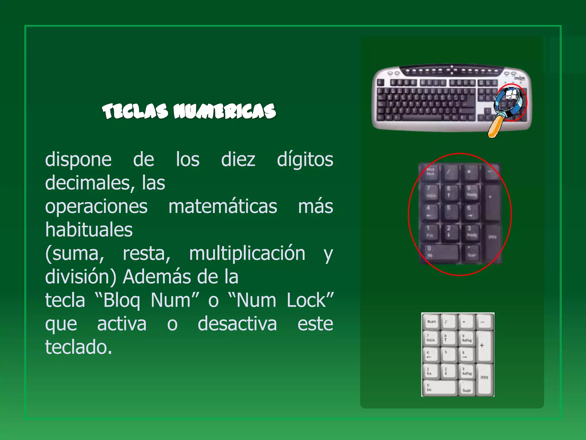 dispone de los diez dígitos
decimales, las
operaciones matemáticas más
habituales
(suma, resta, multiplicación y
división) Además de la
tecla “Bloq Num” o “Num Lock”
que activa o desactiva este
teclado.
 