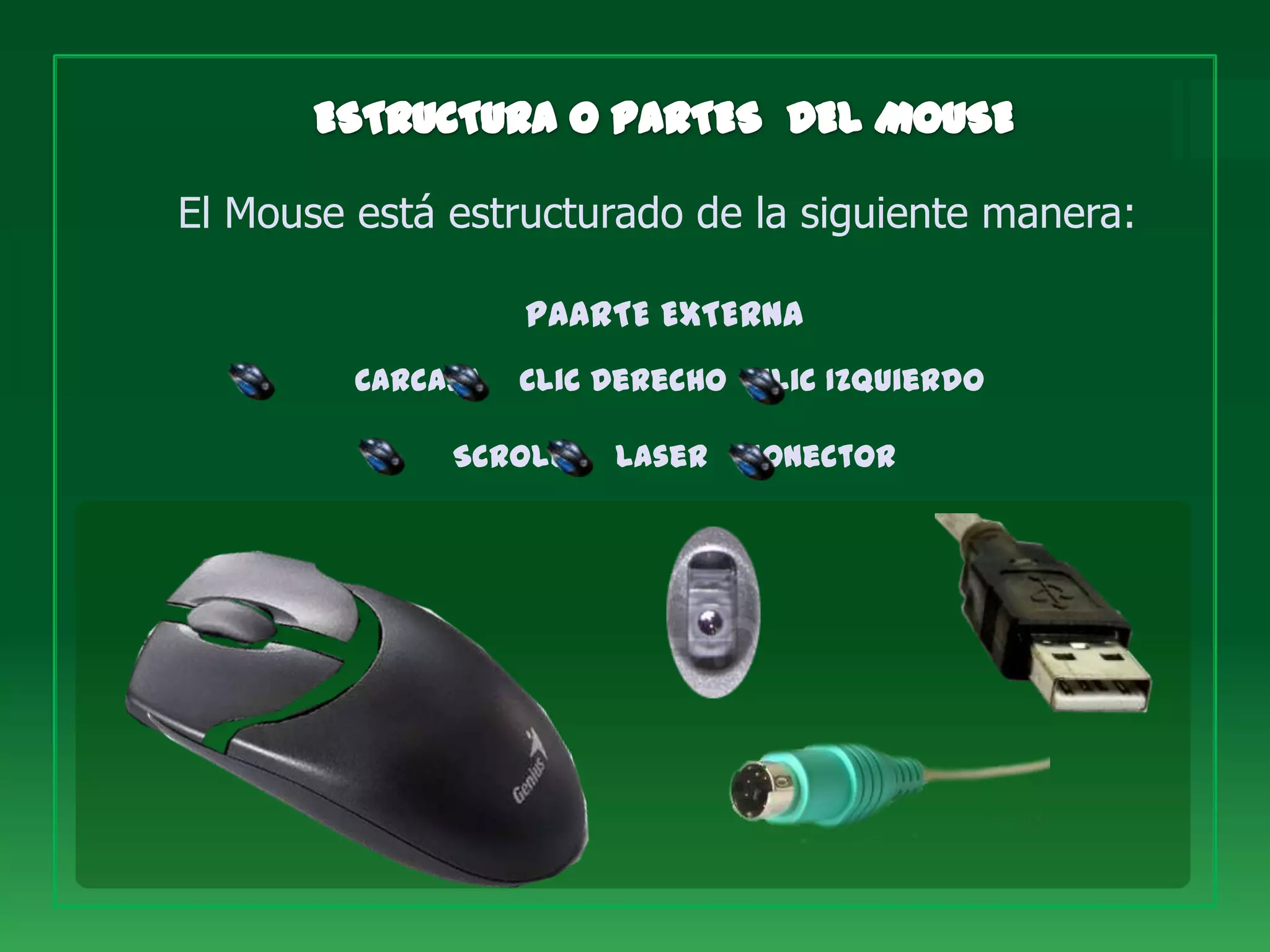 El Mouse está estructurado de la siguiente manera:

                   PAARTE EXTERNA
         Carcasa   Clic Derecho Clic Izquierdo

              Scroll    Laser   Conector
 