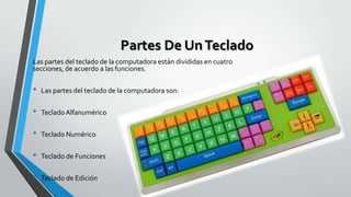 Partes De Un Teclado
Las partes del teclado de la computadora están divididas en cuatro
secciones, de acuerdo a las funciones.

•

Las partes del teclado de la computadora son:

•

Teclado Alfanumérico

•

Teclado Numérico

•

Teclado de Funciones

•

Teclado de Edición

 