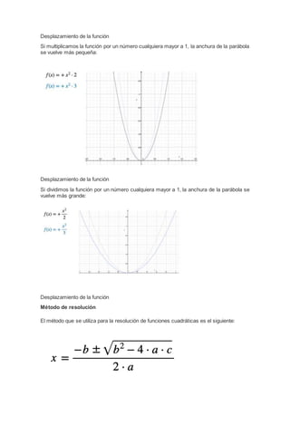 Desplazamiento de la función
Si multiplicamos la función por un número cualquiera mayor a 1, la anchura de la parábola
se vuelve más pequeña:
Desplazamiento de la función
Si dividimos la función por un número cualquiera mayor a 1, la anchura de la parábola se
vuelve más grande:
Desplazamiento de la función
Método de resolución
El método que se utiliza para la resolución de funciones cuadráticas es el siguiente:
 