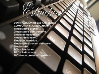 Estructura: DENTIFICACIÓN DE LAS PARTES QUE COMPONEN EL OBJETO.NPARTE 1Teclas para escribir. 2Teclas para abrir ventana. 3Tecla de aplicación. 4Teclas de función.  5Teclado numérico. 6Teclas para control del cursor. 7Tecla Enter. 8Otras funciones. 9LED´s indicadores. 10Cubierta protectora plástica. 6 
