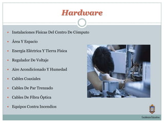 HardwareInstalaciones Físicas Del Centro De CómputoÁrea Y EspacioEnergía Eléctrica Y Tierra FísicaRegulador De VoltajeAire Acondicionado Y HumedadCables CoaxialesCables De Par TrenzadoCables De Fibra ÓpticaEquipos Contra IncendiosExcelencia Educativa.