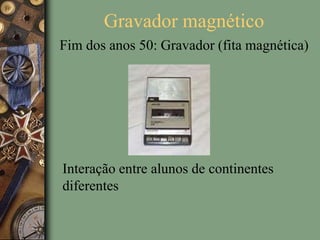 Gravador magnético
Fim dos anos 50: Gravador (fita magnética)
Interação entre alunos de continentes
diferentes
 
