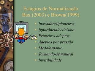 Estágios de Normalização
Bax (2003) e Brown(1999)
• Inovadores/pioneiros
• Ignorância/ceticismo
• Primeiros adeptos
• Adeptos por pressão
• Medo/espanto
• Tornando-se natural
• Invisibilidade
 