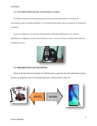 13/10/2022
8
Fuente: Wikipedia
1.2. FUNCIONAMIENTO DEL TELEFONO CLASICO
El teléfono clásico está formado por dos circuitos...