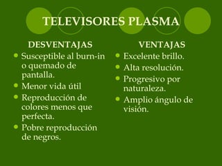 TELEVISORES PLASMA <ul><li>DESVENTAJAS </li></ul><ul><li>Susceptible al burn-in o quemado de pantalla. </li></ul><ul><li>M...