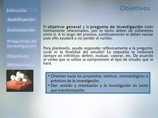 Selección
Justificación
Preguntas de
investigación
Objetivos
Delimitación
Metodología
Objetivos
El objetivo general y la pregunta de investigación están
íntimamente relacionados, por lo tanto deben ser coherentes
entre sí. A lo largo del proceso, continuamente se deben revisar
pues ello ayudará a no perder el rumbo.
Para plantearlo, ayuda responder reflexivamente a la pregunta:
¿cuál es la finalidad del estudio? La respuesta se redactará
siempre en infinitivo: definir, evaluar, valorar, etc. De acuerdo
al verbo que se utilice se compromete el tipo de estudio que se
hará.
• Orientan hacia los propósitos, teóricos, metodológicos o
prácticos de la investigación.
• Dan sentido y orientación a la investigación en tanto
que transformación.
 