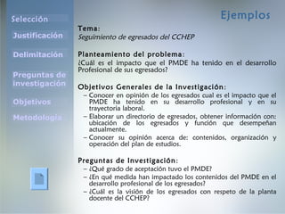 Selección
Justificación
Preguntas de
investigación
Objetivos
Delimitación
Metodología
Ejemplos
Tema:
Seguimiento de egresados del CCHEP
Planteamiento del problema:
¿Cuál es el impacto que el PMDE ha tenido en el desarrollo
Profesional de sus egresados?
Objetivos Generales de la Investigación:
– Conocer en opinión de los egresados cual es el impacto que el
PMDE ha tenido en su desarrollo profesional y en su
trayectoria laboral.
– Elaborar un directorio de egresados, obtener información con:
ubicación de los egresados y función que desempeñan
actualmente.
– Conocer su opinión acerca de: contenidos, organización y
operación del plan de estudios.
Preguntas de Investigación:
– ¿Qué grado de aceptación tuvo el PMDE?
– ¿En qué medida han impactado los contenidos del PMDE en el
desarrollo profesional de los egresados?
– ¿Cuál es la visión de los egresados con respeto de la planta
docente del CCHEP?
 