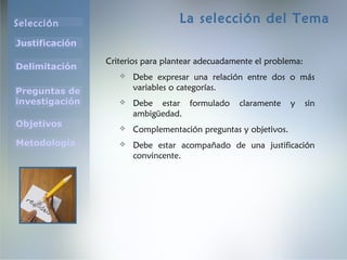 Selección
Justificación
Preguntas de
investigación
Objetivos
Delimitación
Metodología
La selección del Tema
Criterios para plantear adecuadamente el problema:
 Debe expresar una relación entre dos o más
variables o categorías.
 Debe estar formulado claramente y sin
ambigüedad.
 Complementación preguntas y objetivos.
 Debe estar acompañado de una justificación
convincente.
 