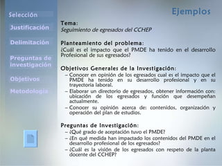 Ejemplos Tema : Seguimiento de egresados del CCHEP Planteamiento del problema : ¿Cuál es el impacto que el PMDE ha tenido en el desarrollo Profesional de sus egresados ? Objetivos Generales de la Investigación : Conocer en opinión de los egresados cual es el impacto que el PMDE ha tenido en su desarrollo profesional y en su trayectoria laboral. Elaborar un directorio de egresados, obtener información con: ubicación de los egresados y función que desempeñan actualmente. Conocer su opinión acerca de: contenidos, organización y operación del plan de estudios. Preguntas de Investigación : ¿Qué grado de aceptación tuvo el PMDE?  ¿En qué medida han impactado los contenidos del PMDE en el desarrollo profesional de los egresados? ¿Cuál es la visión de los e gresados con respeto de la planta docente del CCHEP? 