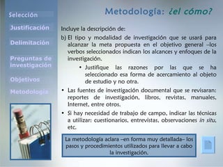 Metodología:  ¿ el  cómo? Incluye la descripción de: El tipo y modalidad de investigación que se usará para alcanzar la meta propuesta en el objetivo general –los verbos seleccionados indican los alcances y enfoques de la investigación. Justifique las razones por las que se ha seleccionado esa forma de acercamiento al objeto de estudio y no otra. Las fuentes de investigación documental que se revisaran: reportes de investigación, libros, revistas, manuales, Internet, entre otros. Si hay necesidad de trabajo de campo, indicar las técnicas a utilizar: cuestionarios, entrevistas, observaciones  in situ , etc. La metodología aclara –en forma muy detallada– los pasos y procedimientos utilizados para llevar a cabo la investigación. 