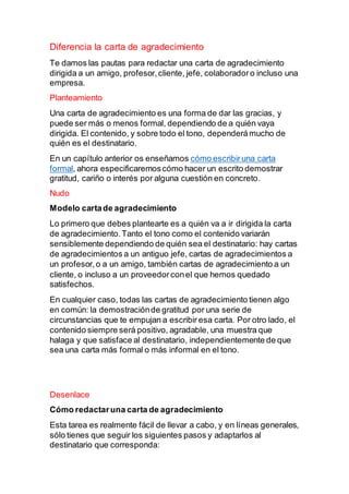 Diferencia la carta de agradecimiento
Te damos las pautas para redactar una carta de agradecimiento
dirigida a un amigo, profesor,cliente, jefe, colaboradoro incluso una
empresa.
Planteamiento
Una carta de agradecimiento es una forma de dar las gracias, y
puede ser más o menos formal, dependiendo de a quién vaya
dirigida. El contenido, y sobre todo el tono, dependerámucho de
quién es el destinatario.
En un capítulo anterior os enseñamos cómo escribiruna carta
formal, ahora especificaremoscómo hacer un escrito demostrar
gratitud, cariño o interés por alguna cuestión en concreto.
Nudo
Modelo cartade agradecimiento
Lo primero que debes plantearte es a quién va a ir dirigida la carta
de agradecimiento.Tanto el tono como el contenido variarán
sensiblemente dependiendo de quién sea el destinatario: hay cartas
de agradecimientos a un antiguo jefe, cartas de agradecimientos a
un profesor,o a un amigo, también cartas de agradecimiento a un
cliente, o incluso a un proveedorconel que hemos quedado
satisfechos.
En cualquier caso, todas las cartas de agradecimiento tienen algo
en común: la demostraciónde gratitud por una serie de
circunstancias que te empujan a escribir esa carta. Por otro lado, el
contenido siempre será positivo, agradable, una muestra que
halaga y que satisface al destinatario, independientemente de que
sea una carta más formal o más informal en el tono.
Desenlace
Cómo redactaruna carta de agradecimiento
Esta tarea es realmente fácil de llevar a cabo, y en líneas generales,
sólo tienes que seguir los siguientes pasos y adaptarlos al
destinatario que corresponda:
 