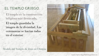El templo griego
El templo es la construcción
religiosa más destacada.
El templo guardaba la
imagen de la divinidad. Las
ceremonias se hacían todas
en el exterior.
Carmen Águila, https://hortushesperidum.com
Modelo del Templo de Zeus en Olimpia
 