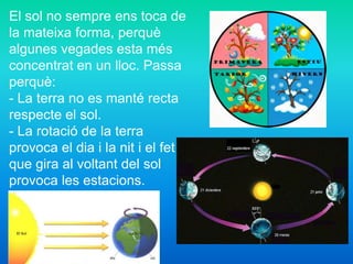 El sol no sempre ens toca de
la mateixa forma, perquè
algunes vegades esta més
concentrat en un lloc. Passa
perquè:
- La terra no es manté recta
respecte el sol.
- La rotació de la terra
provoca el dia i la nit i el fet
que gira al voltant del sol
provoca les estacions.
.
 