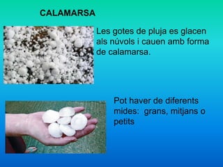 Les gotes de pluja es glacen
als núvols i cauen amb forma
de calamarsa.
Pot haver de diferents
mides: grans, mitjans o
petits
CALAMARSA
 