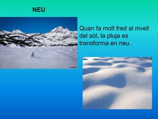 NEU
Quan fa molt fred al nivell
del sòl, la pluja es
transforma en neu.
 