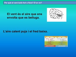 Per què el vent bufa fort o fluix? D’on ve?
El vent és el aire que ens
envolta que es belluga.
L’aire calent puja i el fred baixa.
 