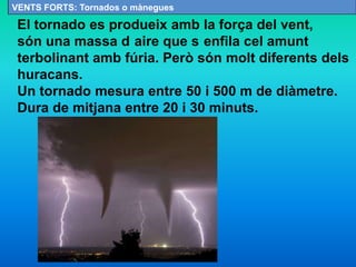 El tornado es produeix amb la força del vent,
són una massa d aire que s enfila cel amunt
terbolinant amb fúria. Però són molt diferents dels
huracans.
Un tornado mesura entre 50 i 500 m de diàmetre.
Dura de mitjana entre 20 i 30 minuts.
VENTS FORTS: Tornados o mànegues
 