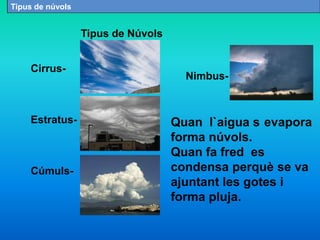 Tipus de Núvols
Cirrus-
Estratus-
Cúmuls-
Nimbus-
Quan l`aigua s evapora
forma núvols.
Quan fa fred es
condensa perquè se va
ajuntant les gotes i
forma pluja.
Tipus de núvols
 