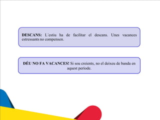 ESPORTS: bicicleta, patins, futbol, córrer, caminar per
la muntanya,…
LECTURA: el paper dels pares és fomentar l'interès dels
fills per la lectura. Pot ser beneficiós dedicar un temps
diari a aquesta activitat.
MÚSICA: com a mitjà que és d'expressió de cultura y
sensibilitat.

MANTENIR L´HÀBIT DE L´ESFORÇ: Si els fills el
perden, serà més difícil el començament de curs.

 