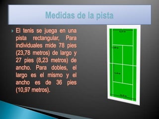    El tenis se juega en una
    pista rectangular, Para
    individuales mide 78 pies
    (23,78 metros) de largo y
    27 pies (8,23 metros) de
    ancho. Para dobles, el
    largo es el mismo y el
    ancho es de 36 pies
    (10,97 metros).
 