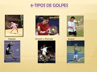 4-TIPOS DE GOLPES Derecha                                    Reves                                 VoleaDejada                               Smash o Remate                       Saque