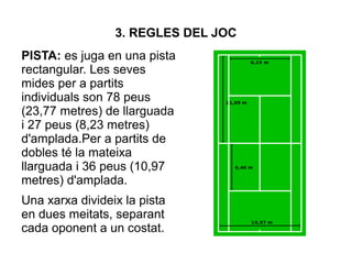 3. REGLES DEL JOC
PISTA: es juga en una pista
rectangular. Les seves
mides per a partits
individuals son 78 peus
(23,77 metres) de llarguada
i 27 peus (8,23 metres)
d'amplada.Per a partits de
dobles té la mateixa
llarguada i 36 peus (10,97
metres) d'amplada.
Una xarxa divideix la pista
en dues meitats, separant
cada oponent a un costat.
 