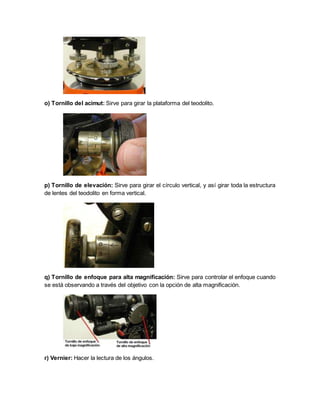 o) Tornillo del acimut: Sirve para girar la plataforma del teodolito. 
p) Tornillo de elevación: Sirve para girar el círculo vertical, y así girar toda la estructura 
de lentes del teodolito en forma vertical. 
q) Tornillo de enfoque para alta magnificación: Sirve para controlar el enfoque cuando 
se está observando a través del objetivo con la opción de alta magnificación. 
r) Vernier: Hacer la lectura de los ángulos. 
 