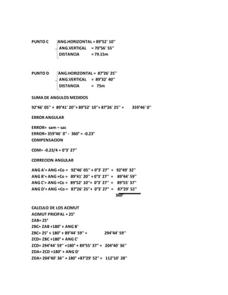 PUNTO C ANG.HORIZONTAL = 89°52' 10'' 
ANG.VERTICAL = 70°56' 55'' 
DISTANCIA = 79.15m 
PUNTO D ANG.HORIZONTAL = 87°26' 25'' 
ANG.VERTICAL = 89°32' 40'' 
DISTANCIA = 75m 
SUMA DE ANGULOS MEDIDOS 
92°46' 05'' + 89°41' 20''+ 89°52' 10''+ 87°26' 25'' = 359°46' 0'' 
ERROR ANGULAR 
ERROR= sam – sac 
ERROR= 359°46' 0'' - 360° = -0.23° 
COMPENSACION 
COM= -0.23/4 = 0°3' 27'' 
CORRECION ANGULAR 
ANG A'= ANG +Co = 92°46' 05'' + 0°3' 27'' = 92°49' 32'' 
ANG B'= ANG +Co = 89°41' 20'' + 0°3' 27'' = 89°44' 59'' 
ANG C'= ANG +Co = 89°52' 10''+ 0°3' 27'' = 89°55' 37'' 
ANG D'= ANG +Co = 87°26' 25''+ 0°3' 27'' = 87°29' 52'' 
360° 
CALCULO DE LOS ACIMUT 
ACIMUT PRICIPAL = 25° 
ZAB= 25° 
ZBC= ZAB +180° + ANG B' 
ZBC= 25° + 180° + 89°44' 59'' = 294°44' 59'' 
ZCD= ZBC +180° + ANG C' 
ZCD= 294°44' 59'' +180° + 89°55' 37'' = 204°40' 36'' 
ZDA= ZCD +180° + ANG D' 
ZDA= 204°40' 36'' + 180° +87°29' 52'' = 112°10' 28'' 
 