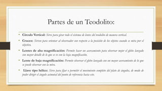 Partes de un Teodolito:
• Circulo Vertical: Sirve para girar todo el sistema de lentes del teodolito de manera vertical.
• Cruces: Sirven para orientar al observador con respecto a la posición de los objetos cuando se mira por el
objetivo.
• Lentes de alta magnificación: Permite hacer un acercamiento para observar mejor el globo lanzado
con mayor detalle de lo que se ve con la baja magnificación.
• Lente de baja magnificación: Permite observar el globo lanzado con un mayor acercamiento de lo que
se puede observar con la mira.
• Llave tipo hélice: Sirve para fijar o permitir el movimiento completo del plato de ángulos, de modo de
poder dirigir el ángulo acimutal del punto de referencia hacia este.
 