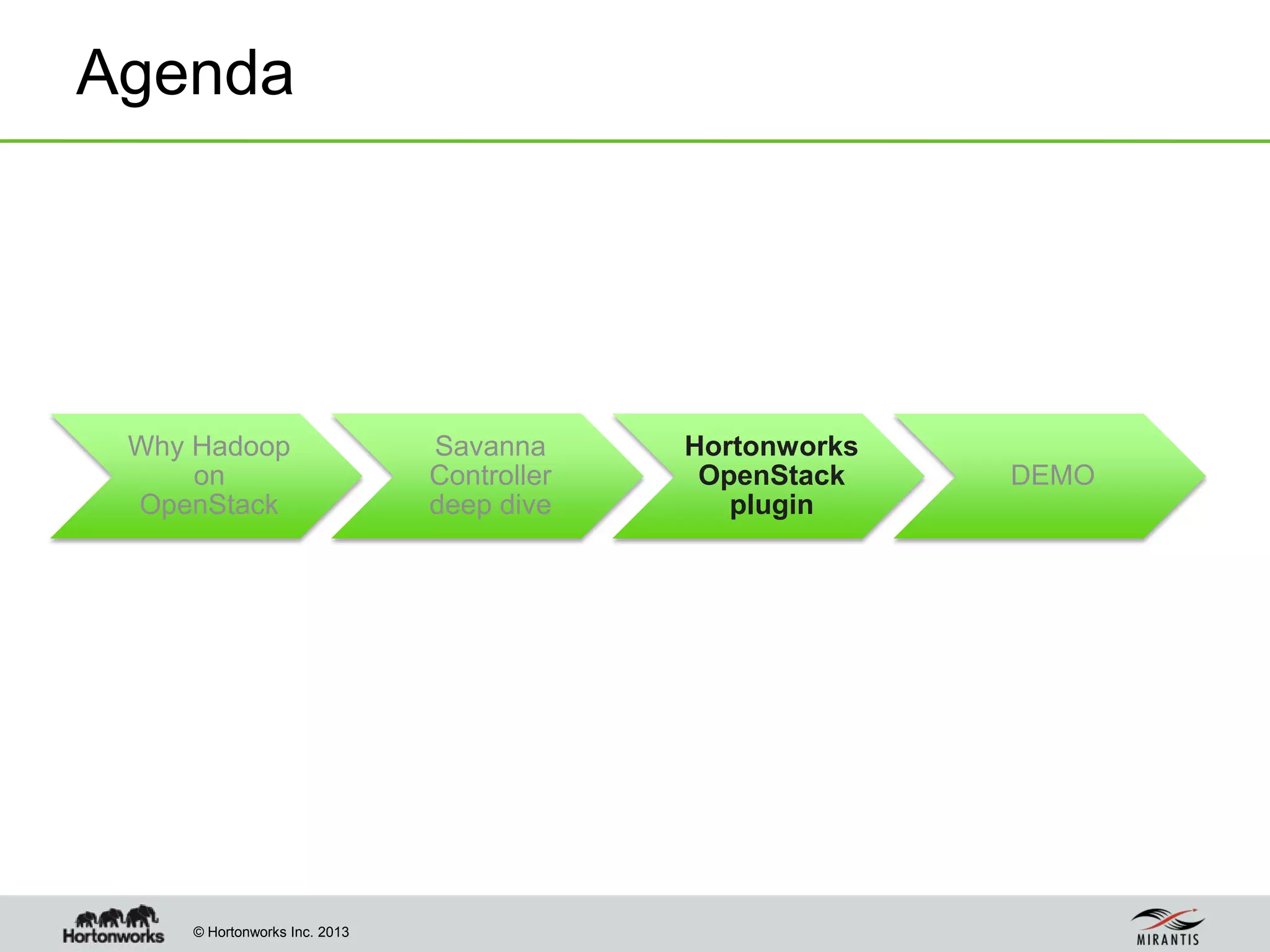 © Hortonworks Inc. 2013
Agenda
Why Hadoop
on
OpenStack
Savanna
Controller
deep dive
Hortonworks
OpenStack
plugin
DEMO
 