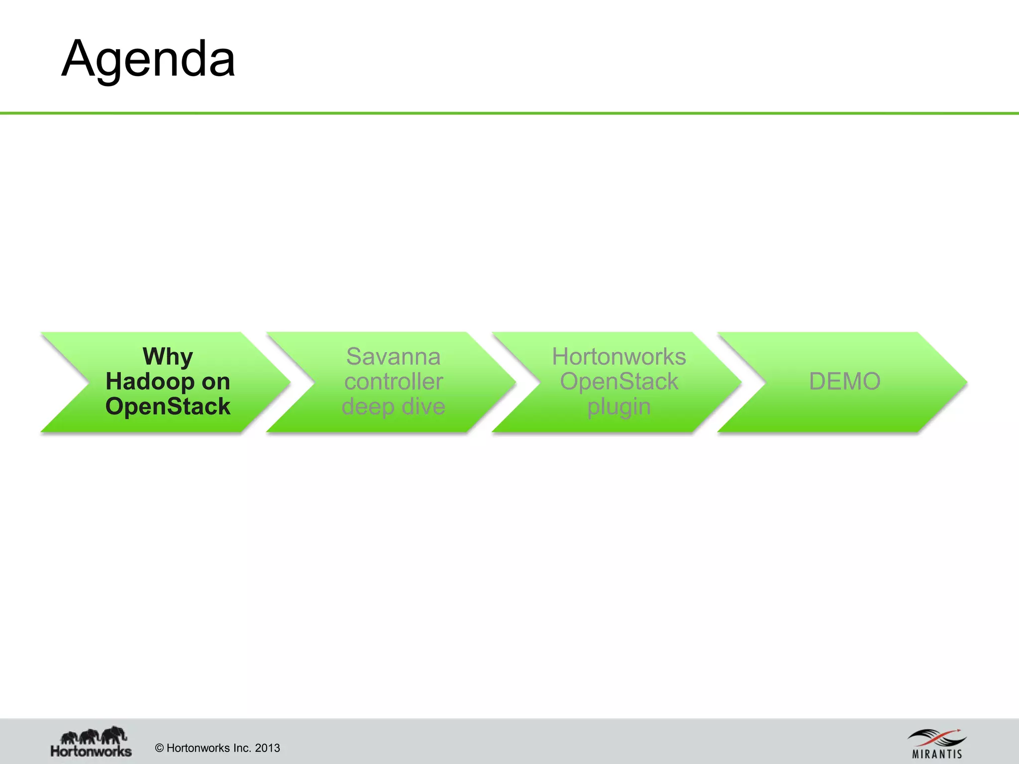 © Hortonworks Inc. 2013
Agenda
Why
Hadoop on
OpenStack
Savanna
controller
deep dive
Hortonworks
OpenStack
plugin
DEMO
 