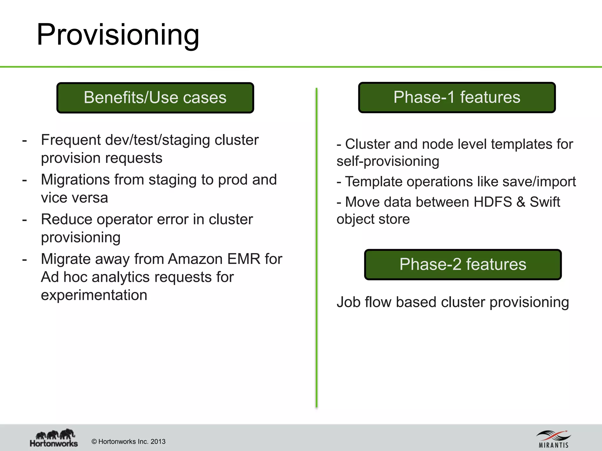 © Hortonworks Inc. 2013
Provisioning
Phase-1 features
- Frequent dev/test/staging cluster
provision requests
- Migrations from staging to prod and
vice versa
- Reduce operator error in cluster
provisioning
- Migrate away from Amazon EMR for
Ad hoc analytics requests for
experimentation
- Cluster and node level templates for
self-provisioning
- Template operations like save/import
- Move data between HDFS & Swift
object store
Job flow based cluster provisioning
Phase-2 features
Benefits/Use cases
 