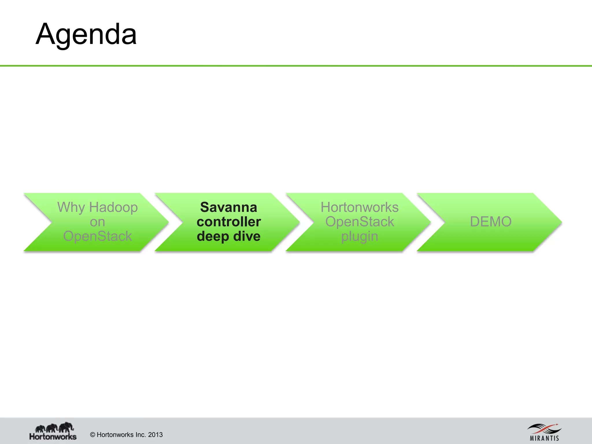 © Hortonworks Inc. 2013
Agenda
Why Hadoop
on
OpenStack
Savanna
controller
deep dive
Hortonworks
OpenStack
plugin
DEMO
 