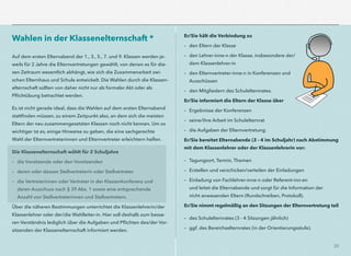 36
Wahlen in der Klassenelternschaft *
 
Auf dem ersten Elternabend der 1., 3., 5., 7. und 9. Klassen werden je-
weils für 2 Jahre die Elternvertretungen gewählt, von denen es für die-
sen Zeitraum wesentlich abhängt, wie sich die Zusammenarbeit zwi-
schen Elternhaus und Schule entwickelt. Die Wahlen durch die Klassen-
elternschaft sollten von daher nicht nur als formaler Akt oder als
Pﬂichtübung betrachtet werden.
Es ist nicht gerade ideal, dass die Wahlen auf dem ersten Elternabend
stattﬁnden müssen, zu einem Zeitpunkt also, an dem sich die meisten
Eltern der neu zusammengesetzten Klassen noch nicht kennen. Um so
wichtiger ist es, einige Hinweise zu geben, die eine sachgerechte
Wahl der Elternvertreterinnen und Elternvertreter erleichtern helfen.
Die Klassenelternschaft wählt für 2 Schuljahre
– die Vorsitzende oder den Vorsitzenden
– deren oder dessen Stellvertreterin oder Stellvertreter
– die Vertreterinnen oder Vertreter in der Klassenkonferenz und
deren Ausschuss nach § 39 Abs. 1 sowie eine entsprechende
Anzahl von Stellvertreterinnen und Stellvertretern.
Über die näheren Bestimmungen unterrichtet die Klassenlehrerin/der
Klassenlehrer oder der/die Wahlleiter-in. Hier soll deshalb zum besse-
ren Verständnis lediglich über die Aufgaben und Pﬂichten des/der Vor-
sitzenden der Klassenelternschaft informiert werden.
Er/Sie hält die Verbindung zu
– den Eltern der Klasse
– den Lehrer-inne-n der Klasse, insbesondere der/
dem Klassenlehrer-in
– den Elternvertreter-inne-n in Konferenzen und
Ausschüssen
– den Mitgliedern des Schulelternrates.
Er/Sie informiert die Eltern der Klasse über
– Ergebnisse der Konferenzen
– seine/ihre Arbeit im Schulelternrat
– die Aufgaben der Elternvertretung.
Er/Sie bereitet Elternabende (3 - 4 im Schuljahr) nach Abstimmung
mit dem Klassenlehrer oder der Klassenlehrerin vor:
– Tagungsort, Termin, Themen
– Erstellen und verschicken/verteilen der Einladungen
– Einladung von Fachlehrer-inne-n oder Referent-inn-en 
und leitet die Elternabende und sorgt für die Information der
nicht anwesenden Eltern (Rundschreiben, Protokoll).
Er/Sie nimmt regelmäßig an den Sitzungen der Elternvertretung teil
– des Schulelternrates (3 - 4 Sitzungen jährlich)
– ggf. des Bereichselternrates (in der Orientierungsstufe).
 