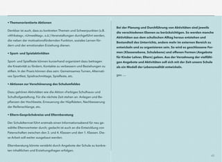 45
• Themenorientierte Aktionen
Denkbar ist auch, dass zu konkreten Themen und Schwerpunkten (z.B.
»Afrikatag«, »Umwelttag«, o.ä.) Veranstaltungen durchgeführt werden,
die neben der motivationsfördernden Funktion, soziales Lernen för-
dern und der emotionalen Erziehung dienen.
• Sport- und Spielaktivitäten
Sport- und Spielfeste können kurzerhand organisiert dazu beitragen
die Kreativität zu fördern, Kontakte zu verbessern und Beziehungen zu
stiften. In der Praxis können dies sein: Gemeinsames Turnen, Alternati-
ves Sportfest, Spielnachmittage, Spielfeste, etc.
• Aktionen zur Verschönerung des Schulumfeldes
Dazu gehören Aktivitäten wie die Aktion »Farbiges Schulhaus« und
Schulhofgestaltung. Für die nächste Zeit stehen an: Anlegen und Be-
pﬂanzen der Hochbeete, Erneuerung der Hüpfkästen, Nachbesserung
der Reifenschlange, etc.
• Eltern-Gesprächskreise und Elternberatung
Der Schulelternrat führt erstmals einen Informationsabend für neu ge-
wählte Elternvertreter durch; gedacht ist auch an die Entwicklung von
Patenschaften zwischen den 3. und 4. Klassen und den 1. Klassen. Die-
se Arbeit soll weiter ausgebaut werden.
Elternberatung könnte verstärkt durch Angebote der Schule zu konkre-
ten inhaltlichen und Erziehungsfragen erfolgen.
 
Bei der Planung und Durchführung von Aktivitäten sind jeweils
die verschiedenen Ebenen zu berücksichtigen. So werden manche
Aktivitäten aus dem schulischen Alltag heraus entstehen und
Bestandteil des Unterrichts, andere mehr im externen Bereich zu
entwickeln und zu organisieren sein. So wird es geschlossene For-
men (Klassenebene, Schulebene) und offenen Formen (Angebote
für Kinder Lehrer, Eltern) geben. Aus der Verzahnung der vielfälti-
gen Angebote und Aktivitäten soll sich mit der Zeit unsere Schule
als ein Modell der Lebensrealität entwickeln.
gez. …
 