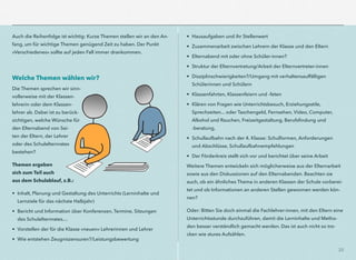 20
Auch die Reihenfolge ist wichtig: Kurze Themen stellen wir an den An-
fang, um für wichtige Themen genügend Zeit zu haben. Der Punkt
»Verschiedenes« sollte auf jeden Fall immer drankommen.
Welche Themen wählen wir?
Die Themen sprechen wir sinn-
vollerweise mit der Klassen-
lehrerin oder dem Klassen-
lehrer ab. Dabei ist zu berück-
sichtigen, welche Wünsche für
den Elternabend von Sei-
ten der Eltern, der Lehrer
oder des Schulelternrates
bestehen?
Themen ergeben
sich zum Teil auch
aus dem Schulablauf, z.B.:
• Inhalt, Planung und Gestaltung des Unterrichts (Lerninhalte und
Lernziele für das nächste Halbjahr)
• Bericht und Information über Konferenzen, Termine, Sitzungen
des Schulelternrates…
• Vorstellen der für die Klasse »neuen« Lehrerinnen und Lehrer
• Wie entstehen Zeugniszensuren?/Leistungsbewertung
• Hausaufgaben und ihr Stellenwert
• Zusammenarbeit zwischen Lehrern der Klasse und den Eltern
• Elternabend mit oder ohne Schüler-innen?
• Struktur der Elternvertretung/Arbeit der Elternvertreter-innen
• Disziplinschwierigkeiten?/Umgang mit verhaltensauffälligen
Schülerinnen und Schülern
• Klassenfahrten, Klassenfeiern und -feten
• Klären von Fragen wie Unterrichtsbesuch, Erziehungsstile,
Sprechzeiten... oder Taschengeld, Fernsehen, Video, Computer,
Alkohol und Rauchen, Freizeitgestaltung, Berufsﬁndung und 
-beratung,
• Schullaufbahn nach der 4. Klasse: Schulformen, Anforderungen
und Abschlüsse, Schullaufbahnempfehlungen
• Der Förderkreis stellt sich vor und berichtet über seine Arbeit
Weitere Themen entwickeln sich möglicherweise aus der Elternarbeit
sowie aus den Diskussionen auf den Elternabenden. Beachten sie
auch, ob ein ähnliches Thema in anderen Klassen der Schule vorberei-
tet und ob Informationen an anderen Stellen gewonnen werden kön-
nen?
Oder: Bitten Sie doch einmal die Fachlehrer-innen, mit den Eltern eine
Unterrichtsstunde durchzuführen, damit die Lerninhalte und Metho-
den besser verständlich gemacht werden. Das ist auch nicht so tro-
cken wie stures Aufzählen.
 
