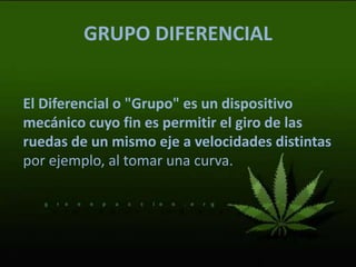 GRUPO DIFERENCIAL
El Diferencial o "Grupo" es un dispositivo
mecánico cuyo fin es permitir el giro de las
ruedas de un mismo eje a velocidades distintas
por ejemplo, al tomar una curva.
 