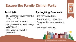 9th International English Language Teaching
Escape the Family Dinner Party
Small talk
• The weather’s lovely/horrible
toda...