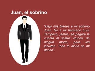 Juan, el sobrino

              “Dejo mis bienes a mi sobrino
              Juan. No a mi hermano Luis.
              Tampoco, jamás, se pagará la
              cuenta al sastre. Nunca, de
              ningún     modo,    para   los
              jesuitas. Todo lo dicho es mi
              deseo”.
 