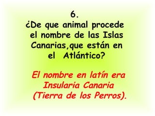 6.
¿De que animal procede
 el nombre de las Islas
 Canarias,que están en
      el  Atlántico?

 El nombre en latín era
    Insularia Canaria
 (Tierra de los Perros).
 