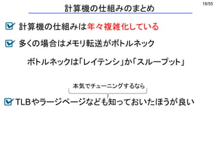 18/55
計算機の仕組みのまとめ
計算機の仕組みは年々複雑化している
多くの場合はメモリ転送がボトルネック
ボトルネックは「レイテンシ」か「スループット」
TLBやラージページなども知っておいたほうが良い
本気でチューニングするなら
 