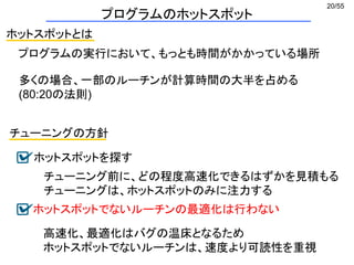 20/55
プログラムのホットスポット
ホットスポットとは
プログラムの実行において、もっとも時間がかかっている場所
多くの場合、一部のルーチンが計算時間の大半を占める
(80:20の法則)
ホットスポットを探す
チューニングの方針
ホットスポットでないルーチンの最適化は行わない
チューニング前に、どの程度高速化できるはずかを見積もる
チューニングは、ホットスポットのみに注力する
高速化、最適化はバグの温床となるため
ホットスポットでないルーチンは、速度より可読性を重視
 