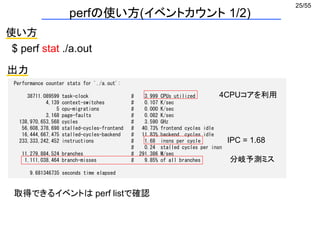 25/55
perfの使い方(イベントカウント 1/2)
使い方
$ perf stat ./a.out
出力
Performance counter stats for './a.out':
38711.089599 task-clock # 3.999 CPUs utilized
4,139 context-switches # 0.107 K/sec
5 cpu-migrations # 0.000 K/sec
3,168 page-faults # 0.082 K/sec
138,970,653,568 cycles # 3.590 GHz
56,608,378,698 stalled-cycles-frontend # 40.73% frontend cycles idle
16,444,667,475 stalled-cycles-backend # 11.83% backend cycles idle
233,333,242,452 instructions # 1.68 insns per cycle
# 0.24 stalled cycles per insn
11,279,884,524 branches # 291.386 M/sec
1,111,038,464 branch-misses # 9.85% of all branches
9.681346735 seconds time elapsed
4CPUコアを利用
IPC = 1.68
分岐予測ミス
取得できるイベントは perf listで確認
 