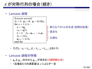 （21/60）
A が対称行列の場合（続き）
• Lanczos 過程
・ ただし，an = hnn, bn = hn+1,n = hn,n+1 とおいた
• Lanczos 過程の特徴
・ qn と qn–1 のみから qn+1 が求まる（3項間漸化式）
・ 1反復あたりの演算量は n によらず一定
新たなベクトルの生成（空間の拡張）
直交化
正規化
 