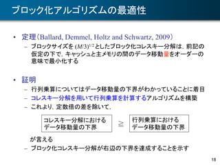 18
ブロック化アルゴリズムの最適性
• 定理（Ballard, Demmel, Holtz and Schwartz, 2009）
– ブロックサイズを (M/3)1/2 としたブロック化コレスキー分解は，前記の
仮定の下で，キャッシュと主メモリの間のデータ移動量をオーダーの
意味で最小化する
• 証明
– 行列乗算についてはデータ移動量の下界がわかっていることに着目
– コレスキー分解を用いて行列乗算を計算するアルゴリズムを構築
– これより，定数倍の差を除いて，
が言える
– ブロック化コレスキー分解が右辺の下界を達成することを示す
コレスキー分解における
データ移動量の下界
行列乗算における
データ移動量の下界≧
 