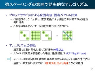 31
強スケーリングの意味で効率的なアルゴリズム
• ブロックヤコビ法による全固有値・固有ベクトル計算
– 行列をブロックに分割し，直交変換により複数の非対角ブロックを並
列に消去
– これを繰り返すことで，行列を対角行列に近づける
• アルゴリズムの特性
– 演算量は3重対角化に基づく解法の10倍以上
– Pノードで2次元分割を行った場合，通信回数は O(P1/2 log P * Iter)
n=P=10,000 ならば3重対角化の通信回数 O(N log P) に比べて小さい
=
通信OHの大きい状況では，3重対角化法より高速となる可能性
 
