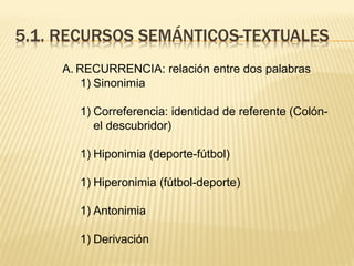 A. RECURRENCIA: relación entre dos palabras
1) Sinonimia
1) Correferencia: identidad de referente (Colón-
el descubridor)
1) Hiponimia (deporte-fútbol)
1) Hiperonimia (fútbol-deporte)
1) Antonimia
1) Derivación
 